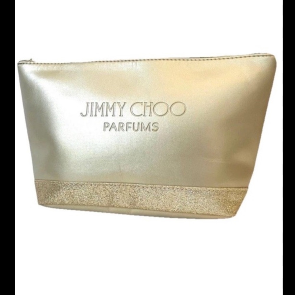 Jimmy Choo Parfums Gold‎ Faux Leather & Glitter Trim Clutch/Makeup Bag